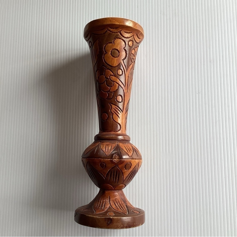 Hand Carved Wood Vintage Folk Art Flower Vase Figure Statue Decor 11” - Picture 4 of 7